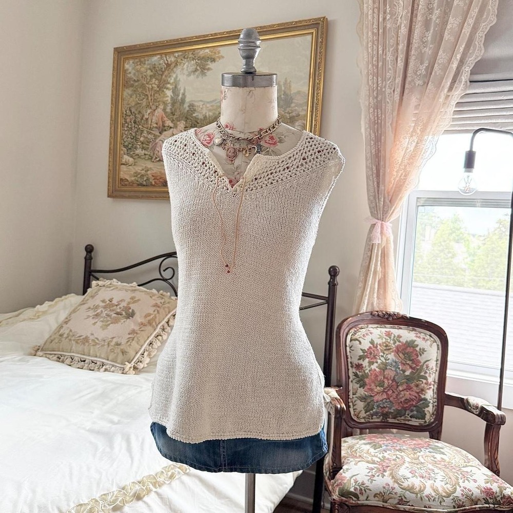 crochet knit tank  Y2K cream crochet knit tank Hearts of Palm size large‎